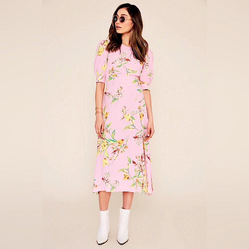 AFRM Pink Floral Puff Sleeve Midi Dress Medium